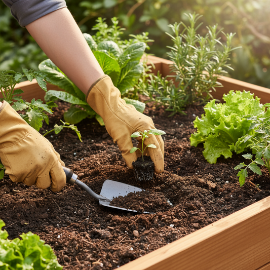 Hand trowel being used in raised garden bed