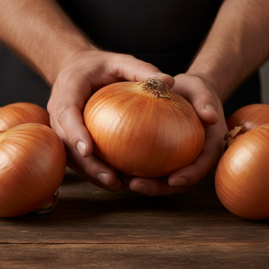 Hands holding Ailsa Craig onion on wooden countertop used to display onion seeds for sale