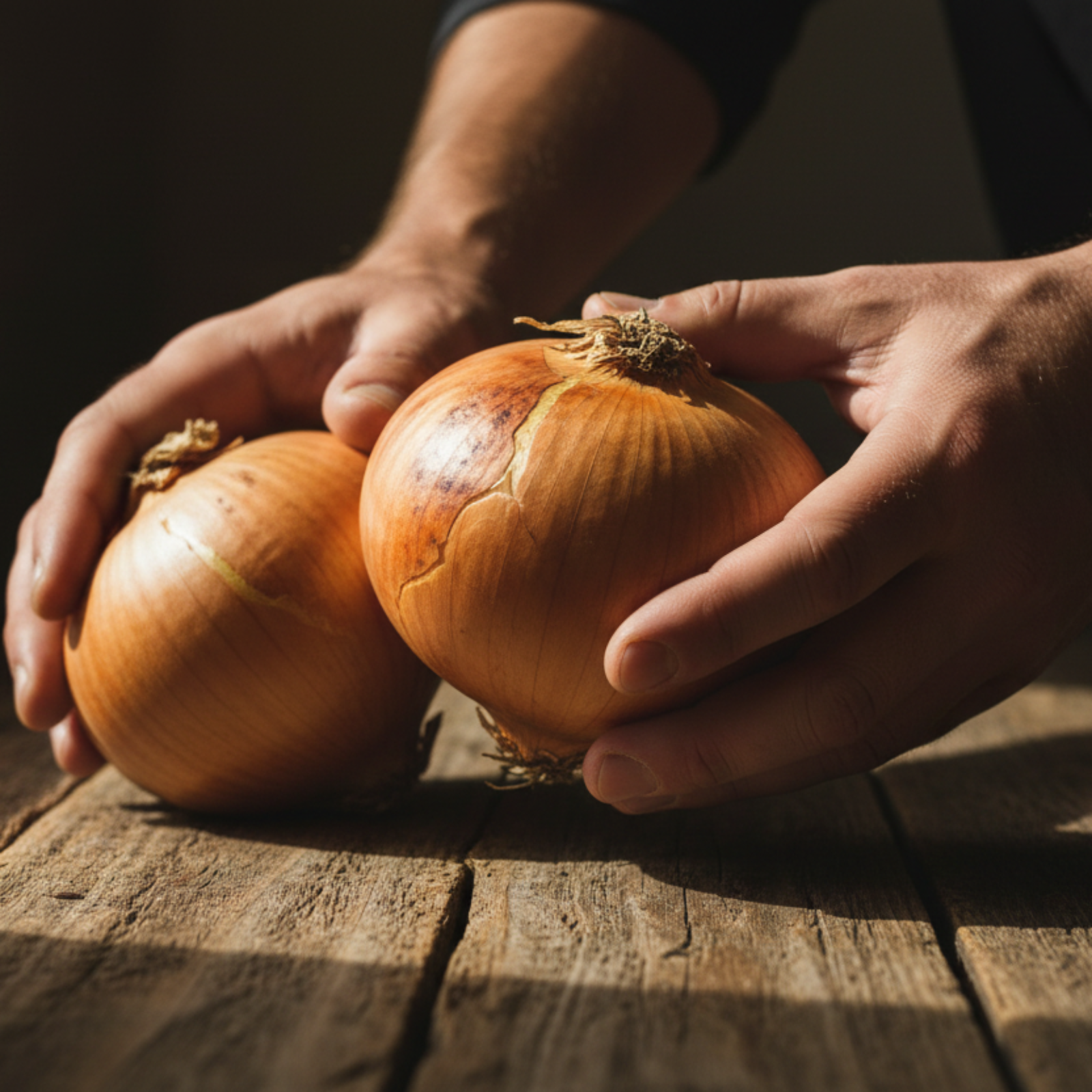 Hands holding Texas Super Sweet onion on wooden countertop used to display onion seeds for sale