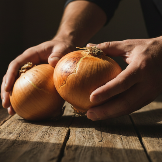 Hands holding Texas Super Sweet onion on wooden countertop used to display onion seeds for sale