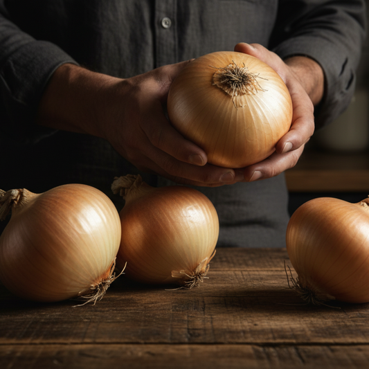 Hands holding Walla Walla onion on wooden countertop used to display onion seeds for sale