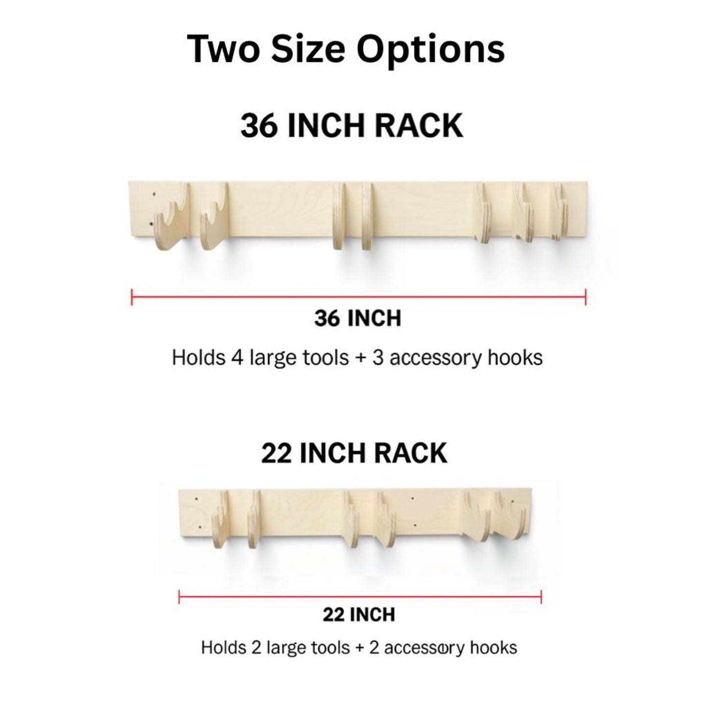 Birch plywood heavy-duty garage tool organizer rack for wall-mounted storage of yard tools and landscaping tools on a white background showing two size options with dimensions and hook capacity.