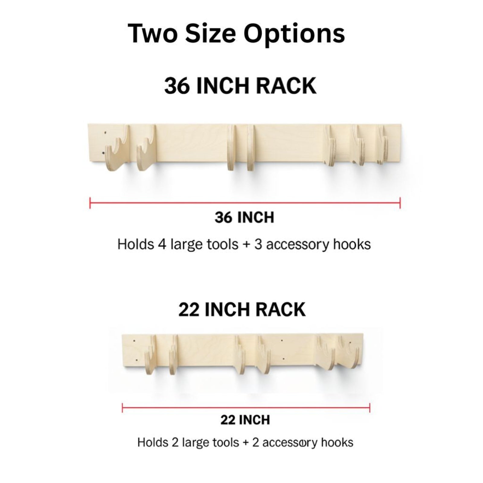 Birch plywood heavy-duty garage tool organizer rack for wall-mounted storage of yard tools and landscaping tools on a white background showing two size options with dimensions and hook capacity.