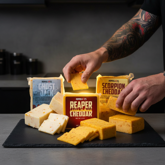 Hero shot of pepper joes worlds hottest cheese collection with branding