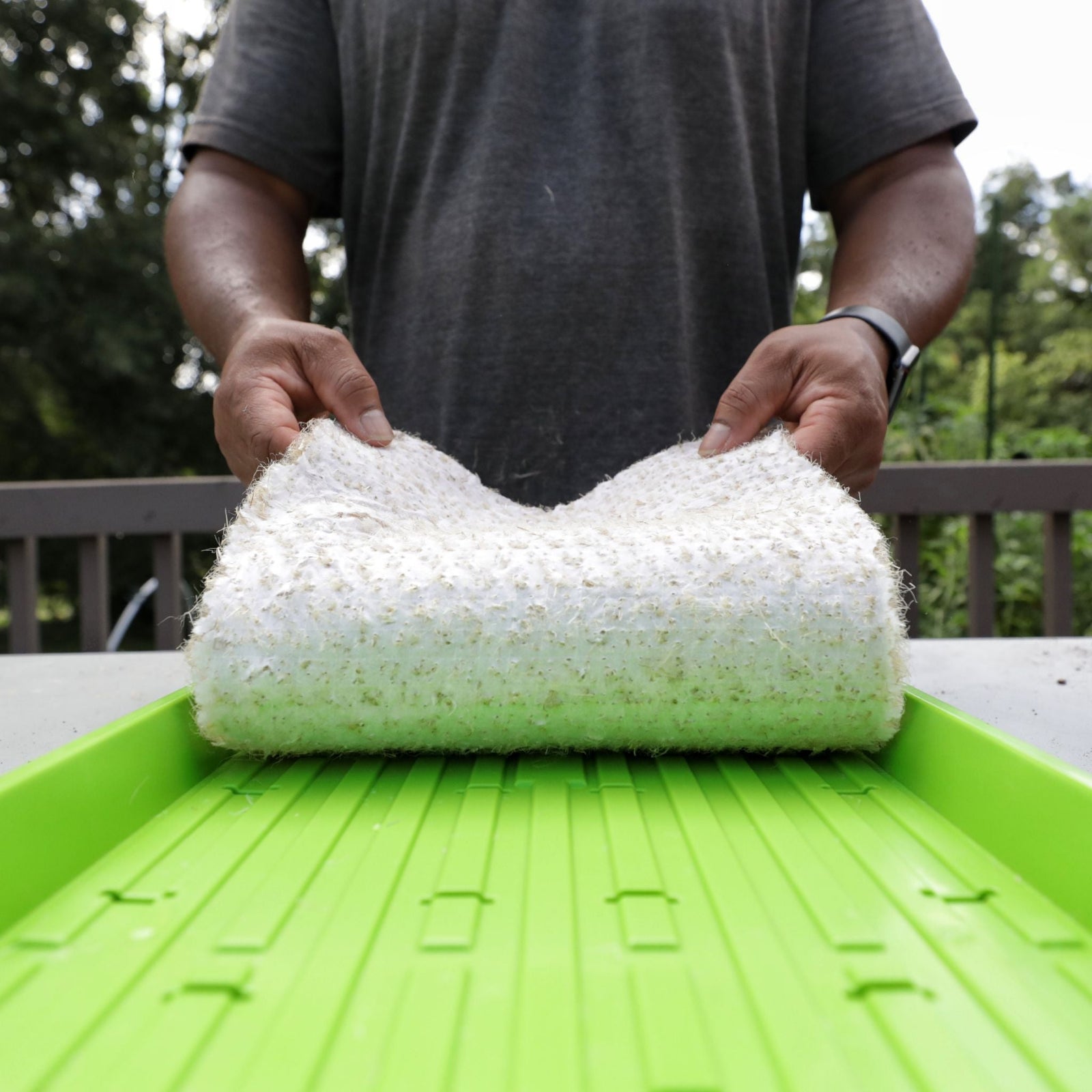 Person holding hemp grow mat above green seed tray showing underside of soilless growing medium used for hydroponics and microgreens