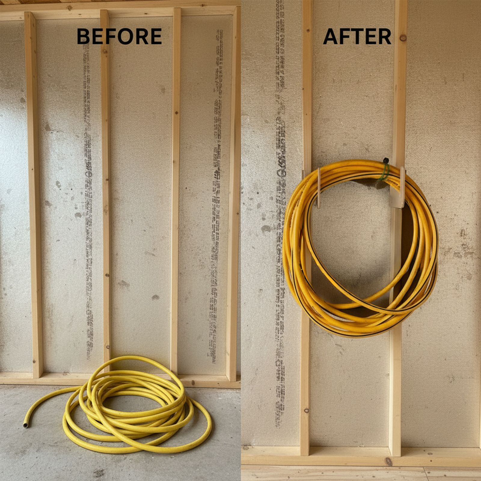 Before and after comparison showing a hose on  the floor inside an unfinished shed versus the after the hose neatly organized on the stud-mounted hose organization rack.