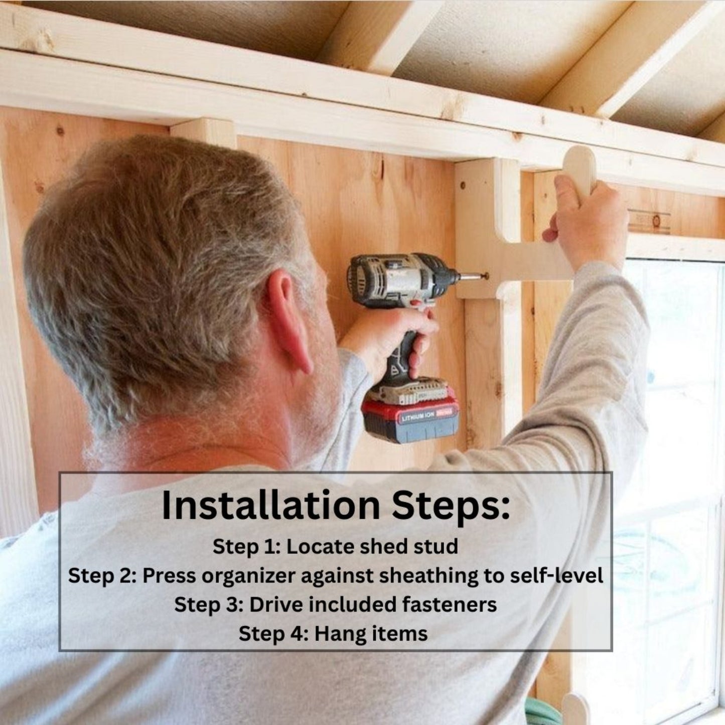 Installation guide for the stud-mounted hose organizer showing four steps: locate studs, position organizer, drive fasteners, and hang items.