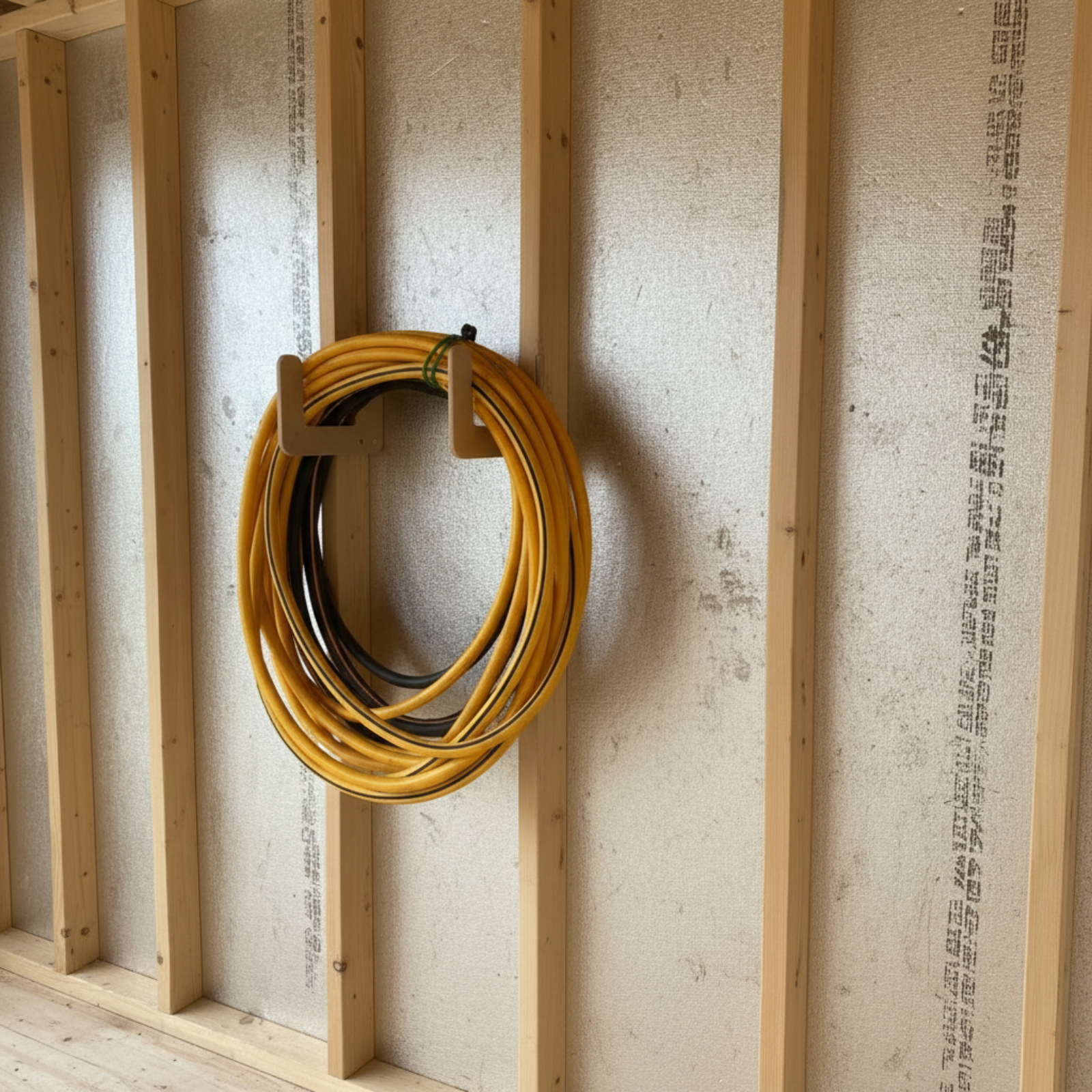 Stud-mounted hose organization rack holding hoses neatly organized inside an unfinished shed.