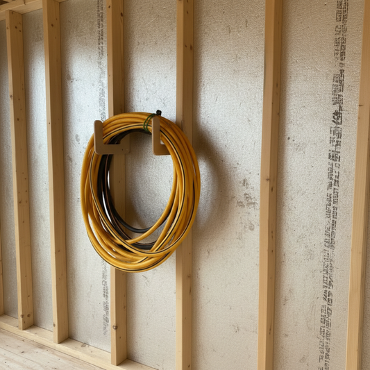 Stud-mounted hose organization rack holding hoses neatly organized inside an unfinished shed.