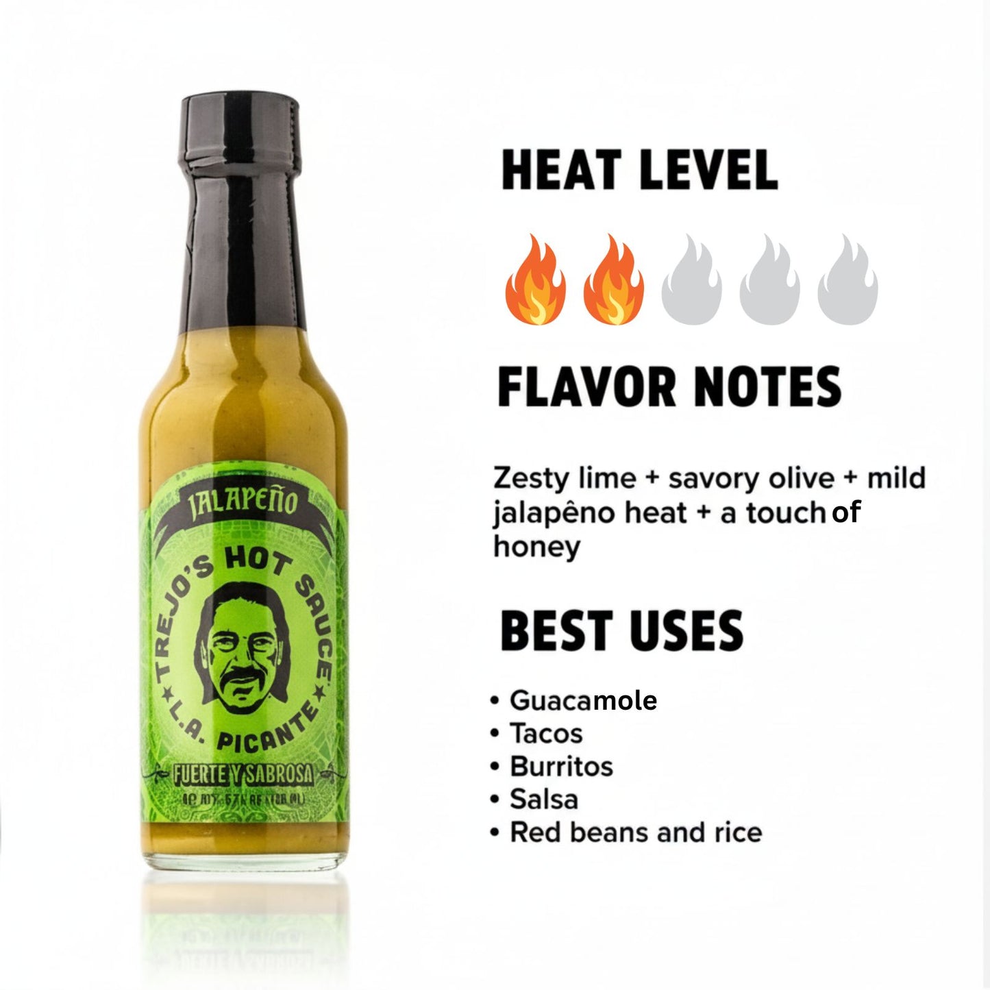 Jalapeno Hot Sauce heat and flavor infographic showing heat level 2 of 5 with zesty lime, savory olive, mild jalapeno heat, and a touch of honey flavor notes, suggesting best uses on guacamole, tacos, burritos, salsa, red beans and rice.