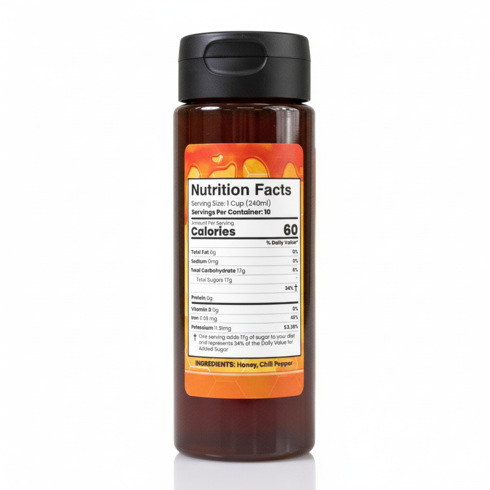Back label of Jamaican Scotch Bonnet Honey bottle showing ingredients and nutrition facts