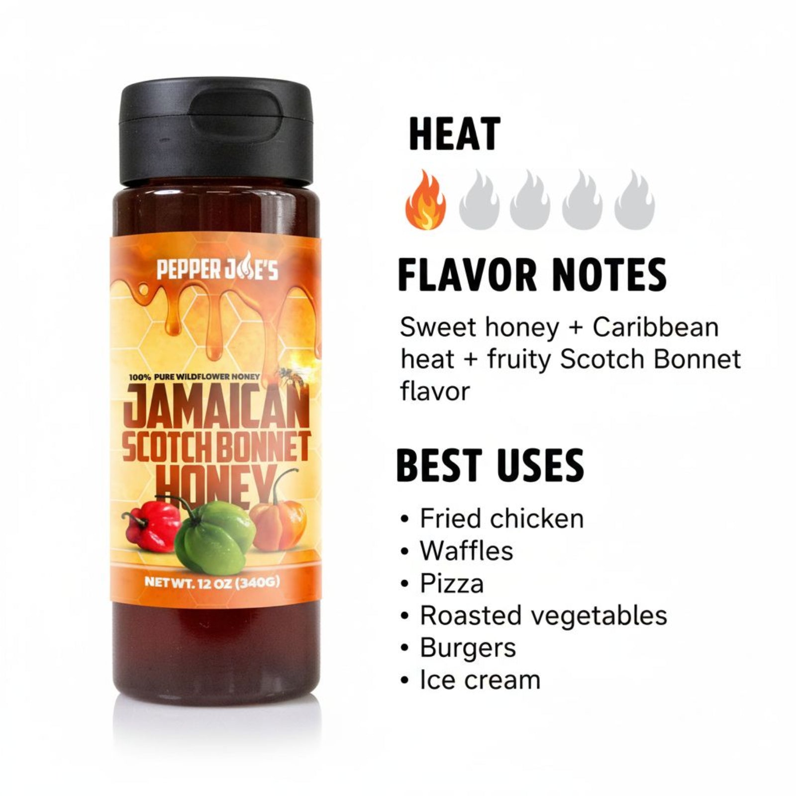 Jamaican Scotch Bonnet Honey heat and flavor infographic showing heat level 1 of 5 with sweet honey, Caribbean heat, and fruity Scotch Bonnet flavor notes, suggesting best uses on fried chicken, waffles, pizza, roasted vegetables, burgers, and ice cream.