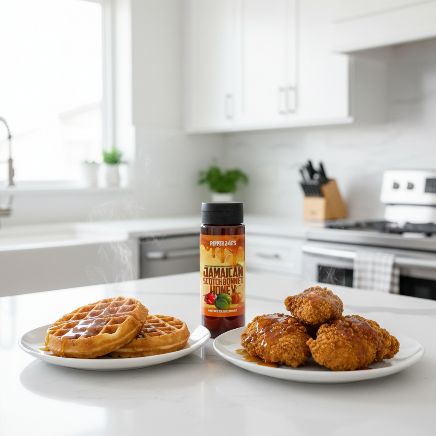 Jamaican Scotch Bonnet Honey bottle on a white kitchen counter beside a bowl of ice cream and a plate of fried chicken wings drizzled with spicy blueberry hot sauce.