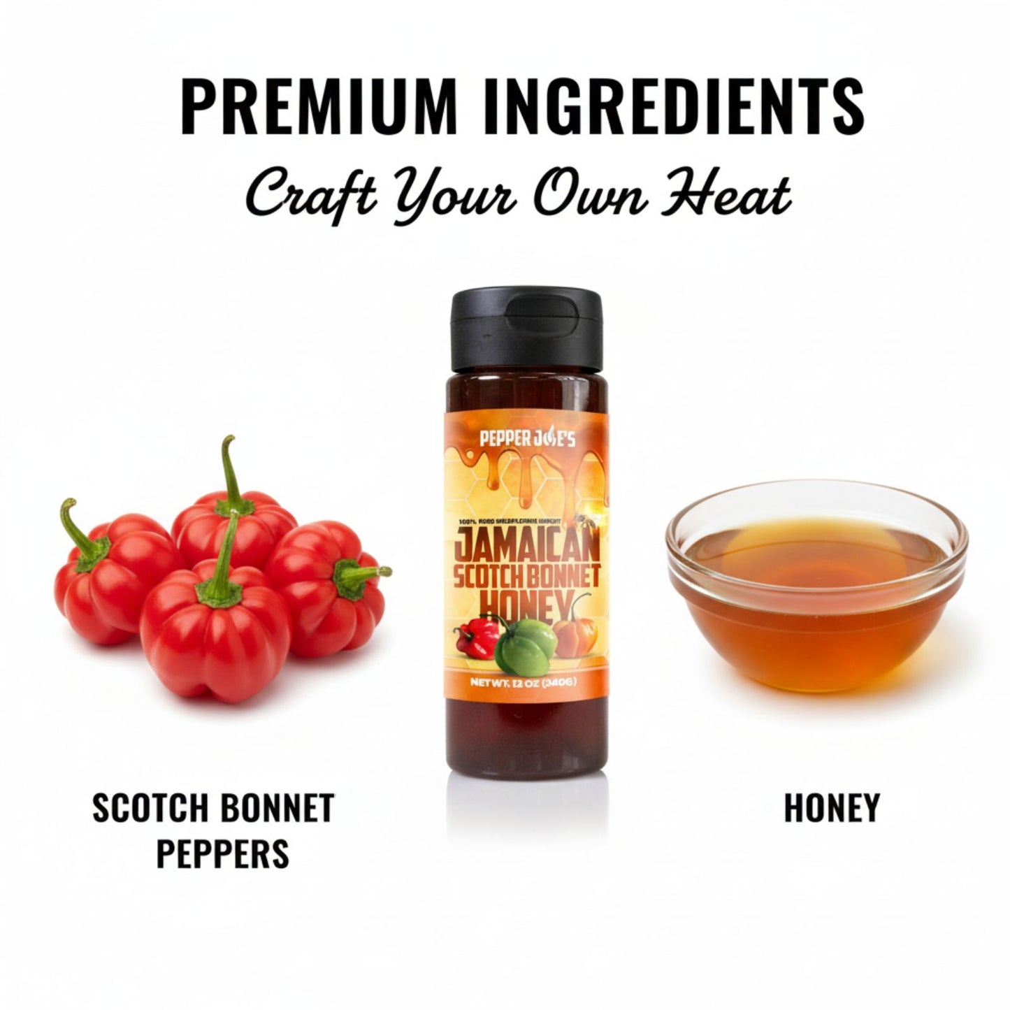 Jamaican Scotch Bonnet Honey bottle surrounded by fresh premium ingredients like red scotch bonnet peppers and honey used to make the sauce.