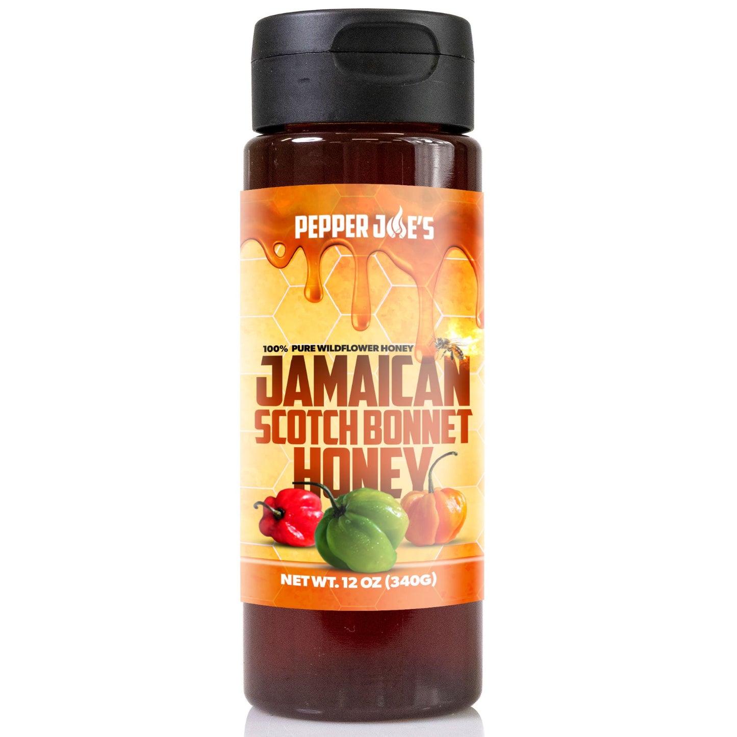 Bottle of Pepper Joe's Jamaican Scotch Bonnet Honey on a white background