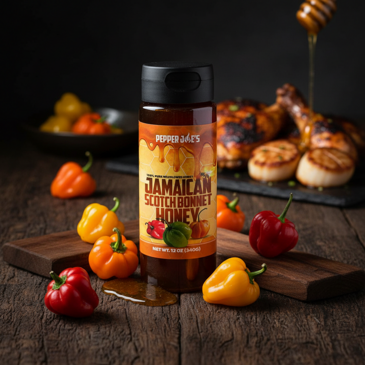 Pepper Joe's Jamaican Scotch Bonnet Hot Honey Lifestyle Image on wooden table with honey and scotch bonnet peppers. 