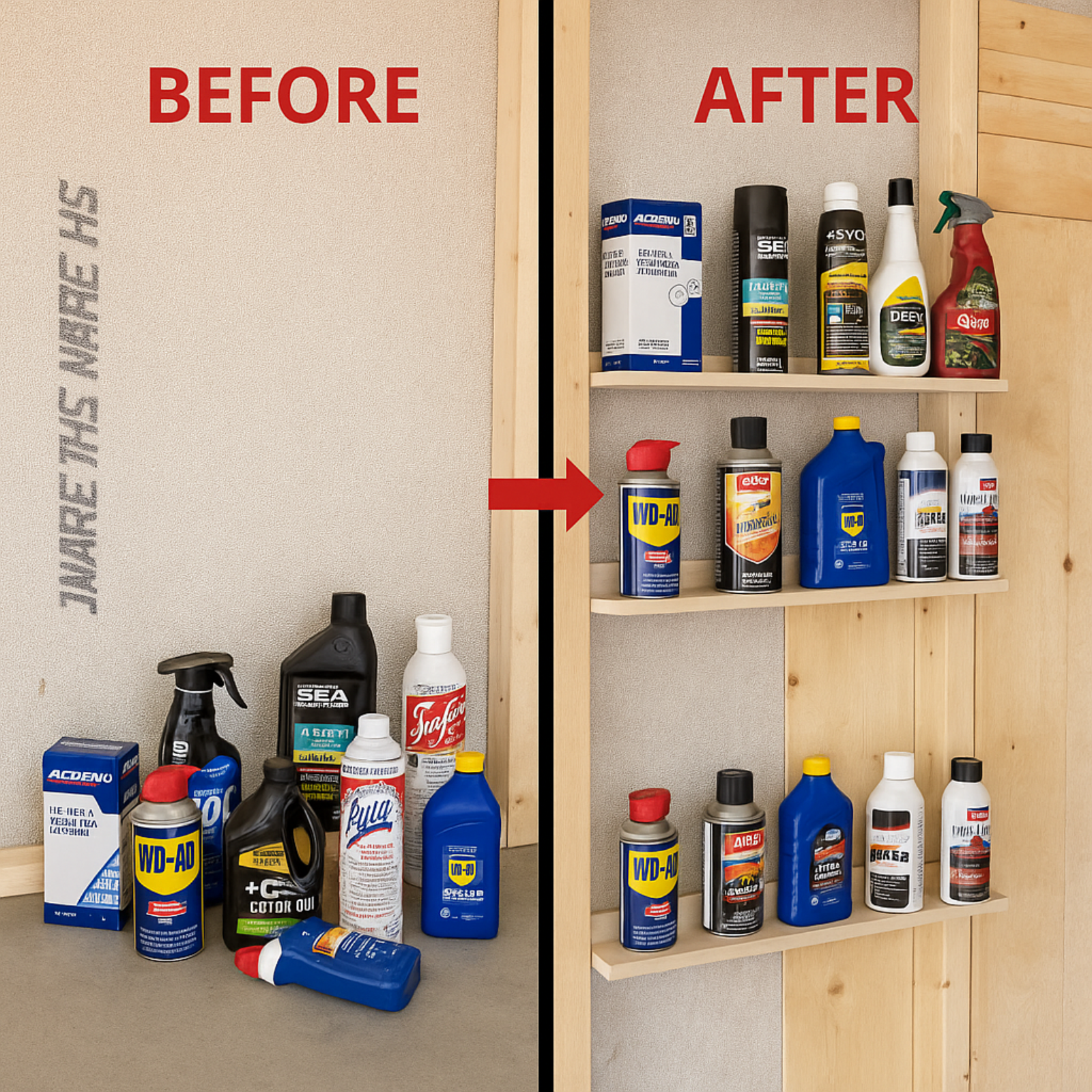 Before-and-after comparison of cluttered garage floor versus organized wall using the stud-mounted ledge shelf with oils, spray cans, and more stored on the shelf.