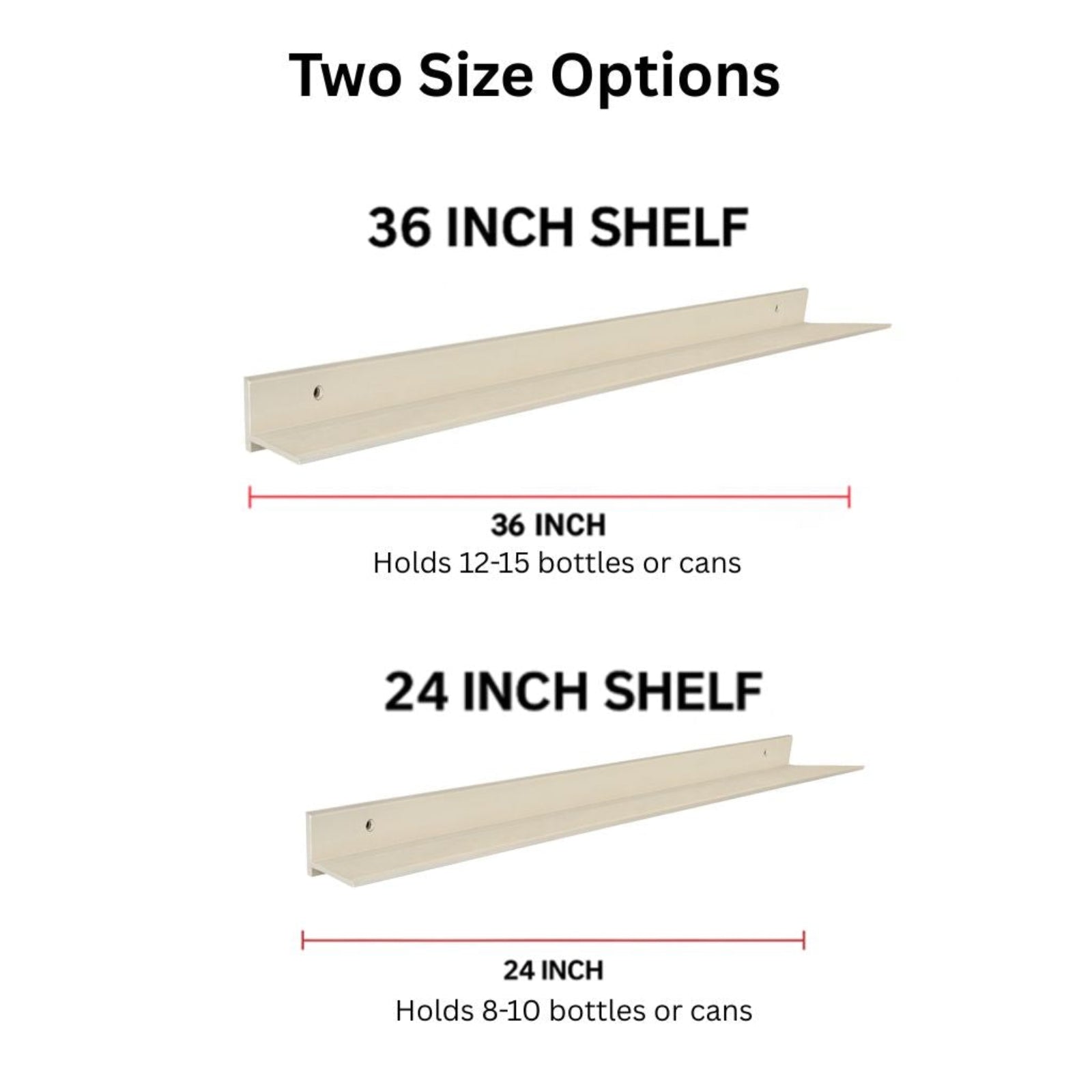 Birch plywood ledge shelf for stud-mounted storage of bottles and cans on a white background showing two size options with dimensions and storage capacity for each shelf.