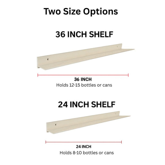 Birch plywood ledge shelf for stud-mounted storage of bottles and cans on a white background showing two size options with dimensions and storage capacity for each shelf.
