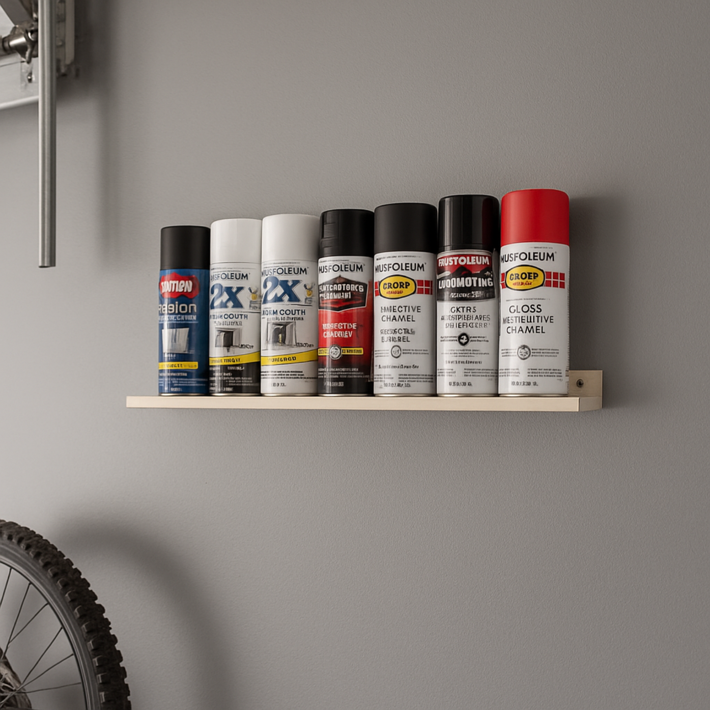 Ledge Shelf installed on a finished garage all neatly organizing 7 cans of spray paint.