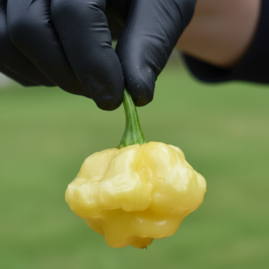 Lemon Starrburst Pepper dangling in black gloved hand used to display pepper seeds for sale. AI