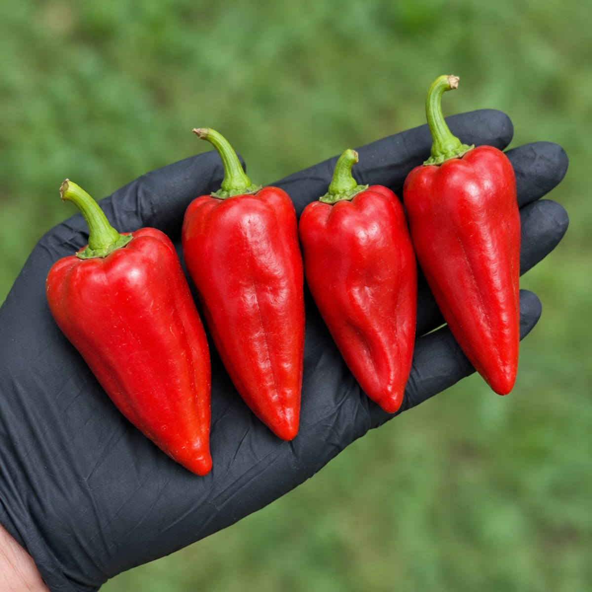 Leutschauer  paprika peppers in a single-file lineup on a black-gloved hand used to display pepper seeds for sale