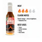 Mango Habanero Hot Sauce heat and flavor infographic showing heat level 3 of 5 with sweet mango, citrus brightness, and habanero  fire flavor notes, suggesting best uses on tacos, grilled chicken, wings, and rice bowls.
