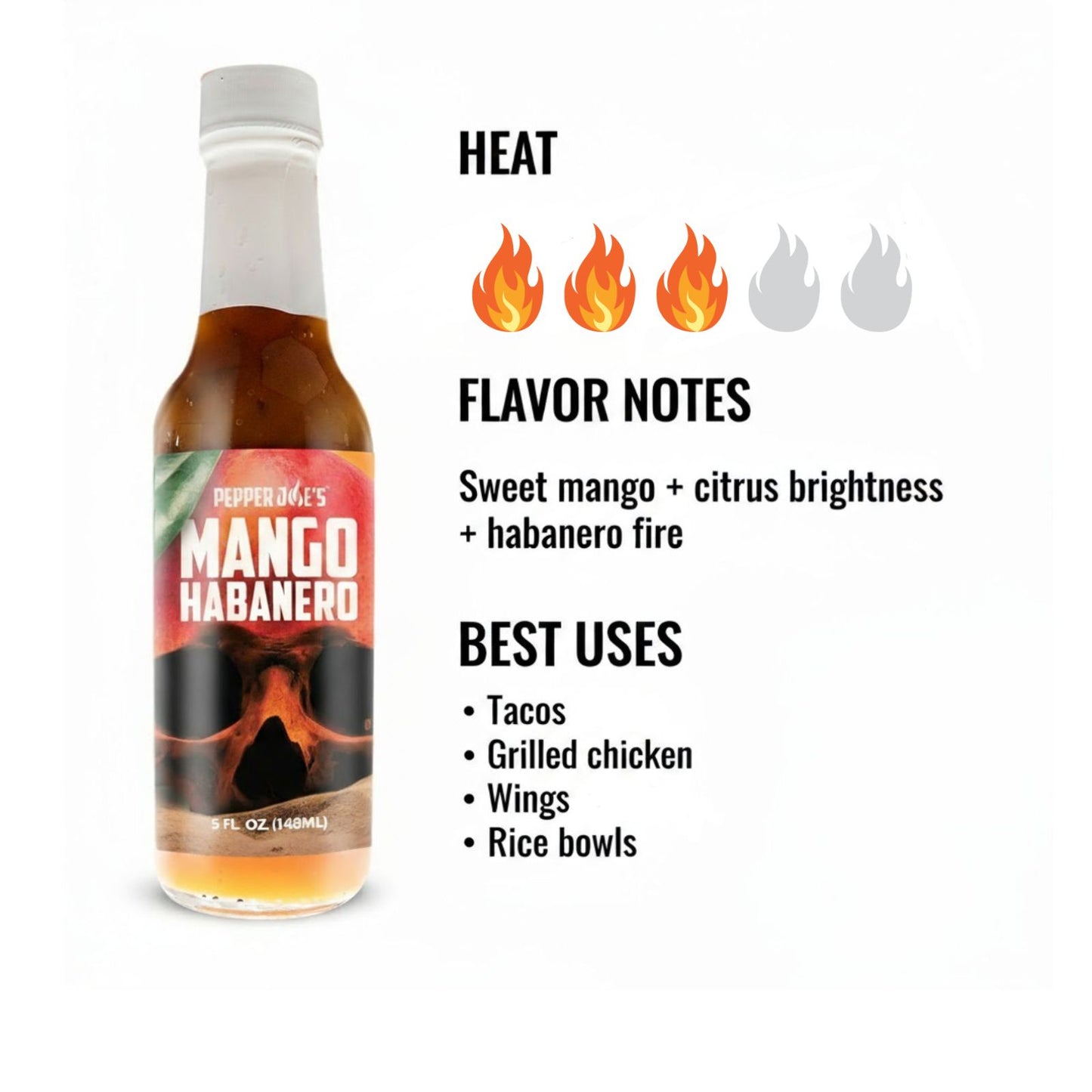Mango Habanero Hot Sauce heat and flavor infographic showing heat level 3 of 5 with sweet mango, citrus brightness, and habanero  fire flavor notes, suggesting best uses on tacos, grilled chicken, wings, and rice bowls.