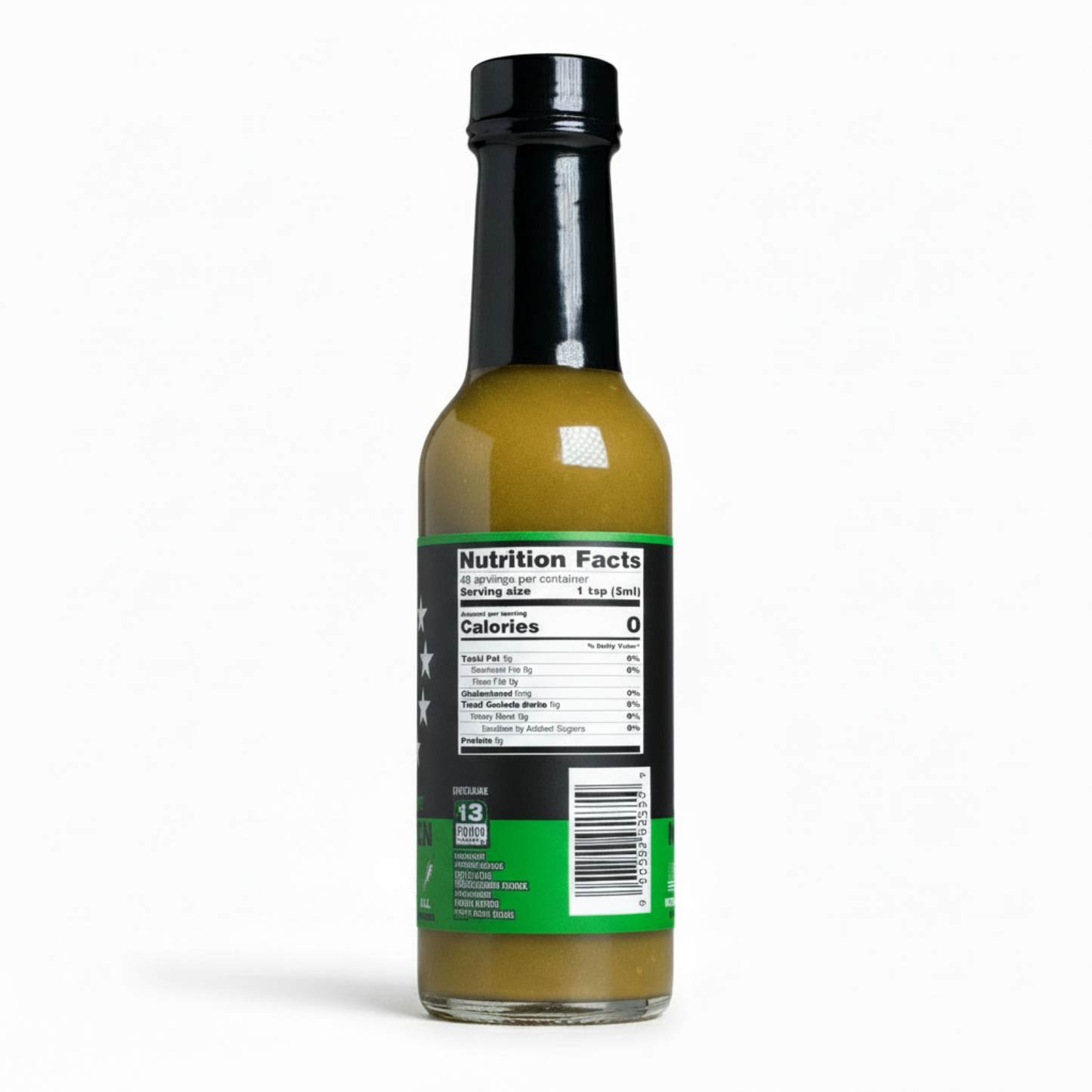 Back label of Mean Green Hot Sauce bottle showing ingredients and nutrition facts