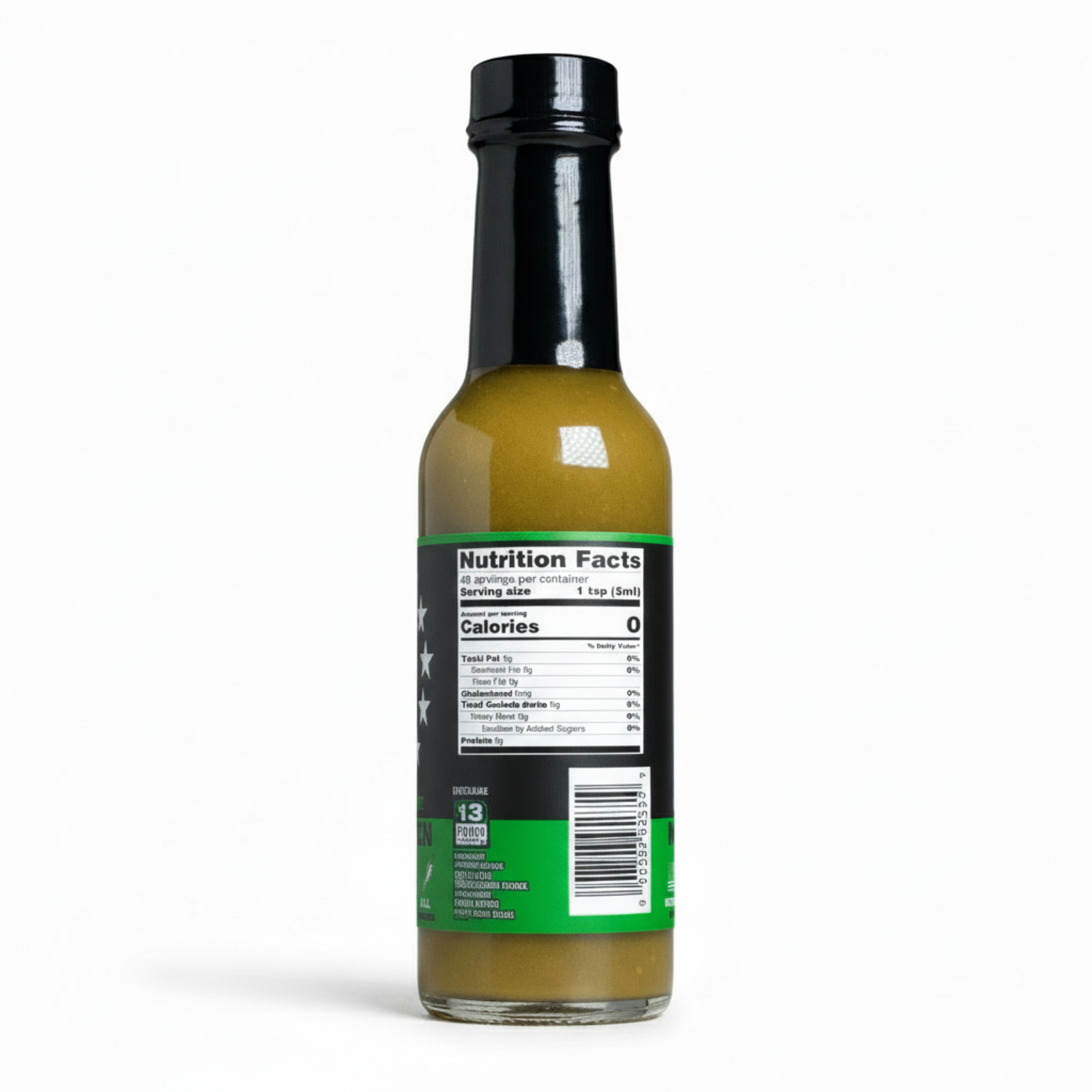 Back label of Mean Green Hot Sauce bottle showing ingredients and nutrition facts