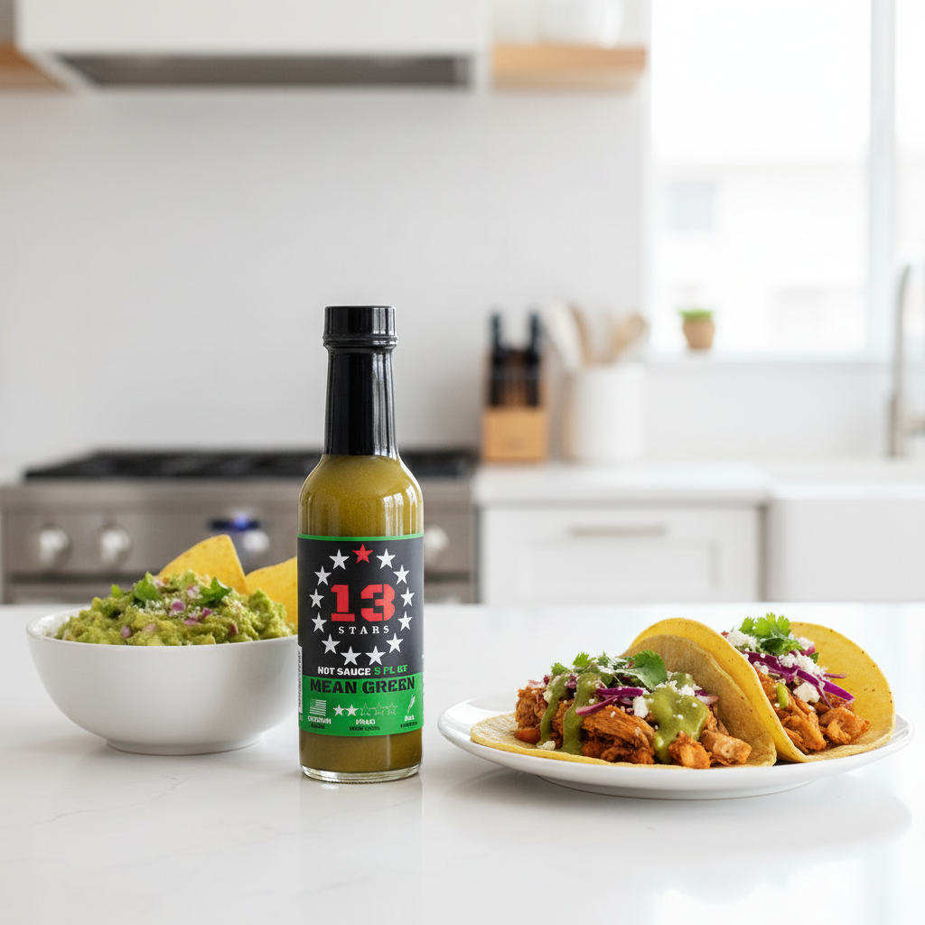 Mean Green Hot Sauce bottle on a white kitchen counter beside a bowl of guacamole and a plate of tacos drizzled with spicy hot sauce.