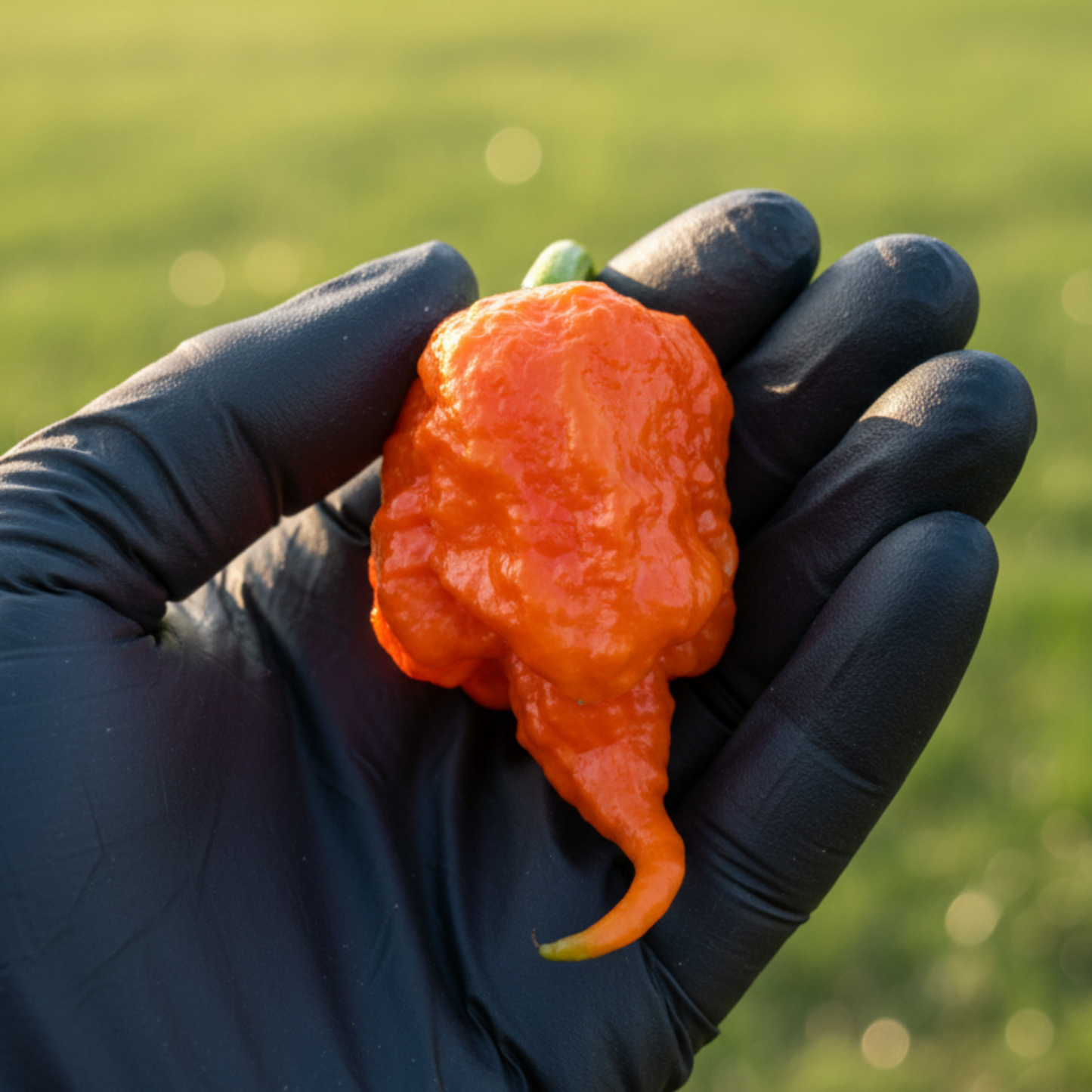 Moruga Trinidad Scorpion Pepper in black gloved hand used to display pepper seeds for sale