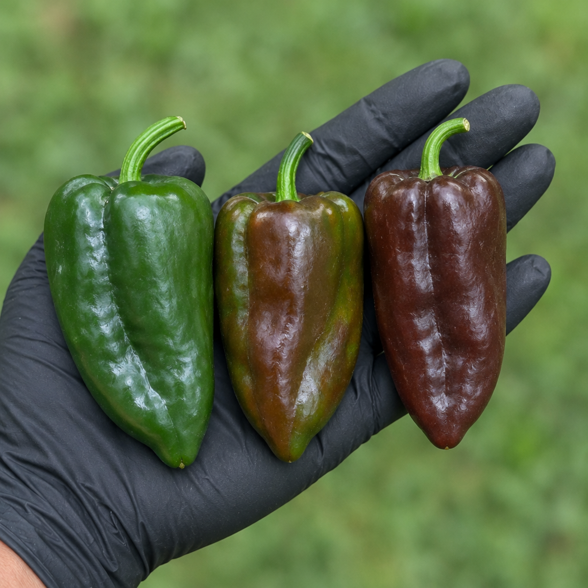 Mulato Island peppers showing green-to-brown ripening in a single-file lineup used to display pepper seeds for sale