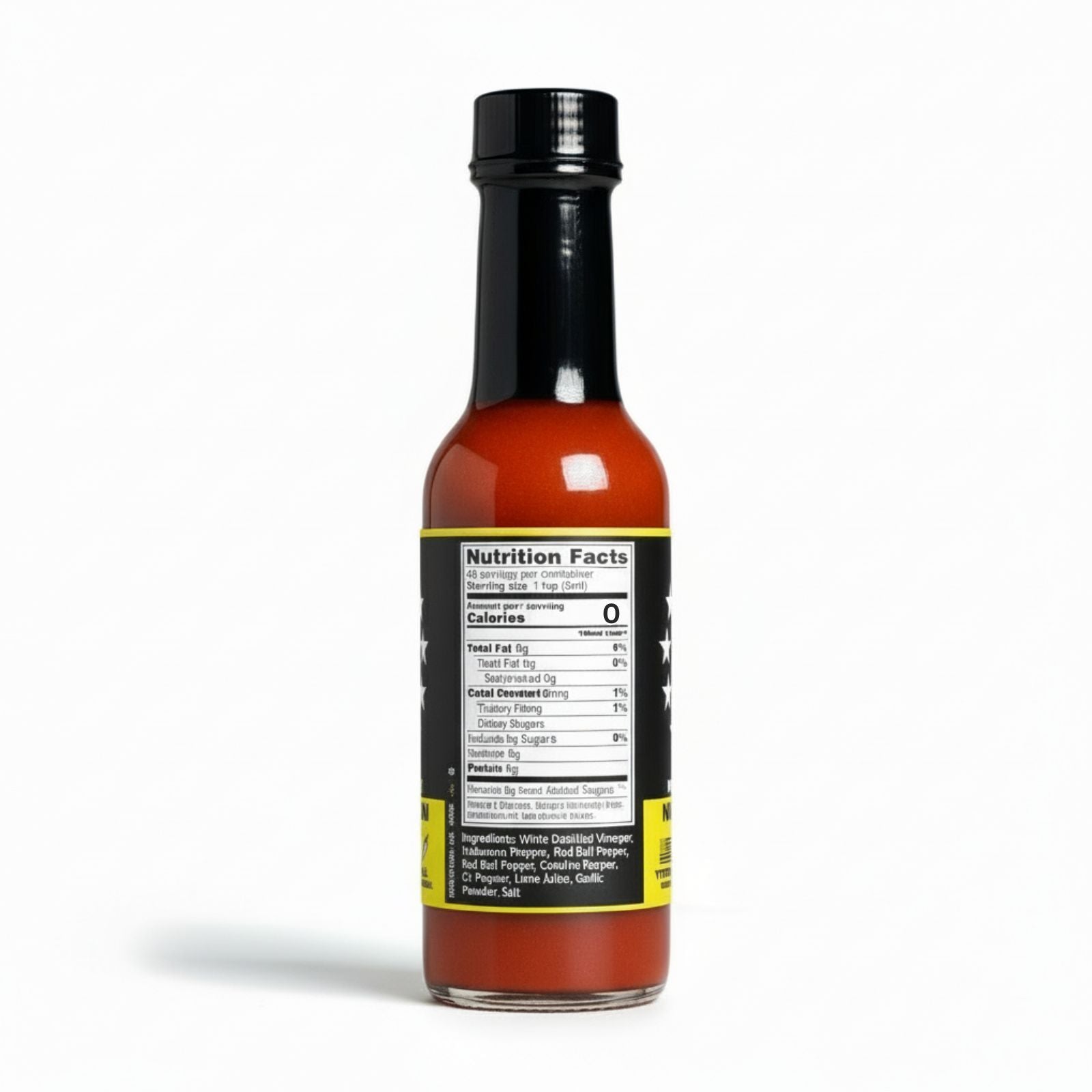 Back label of Nuclear Optoin Hot Sauce bottle showing ingredients and nutrition facts