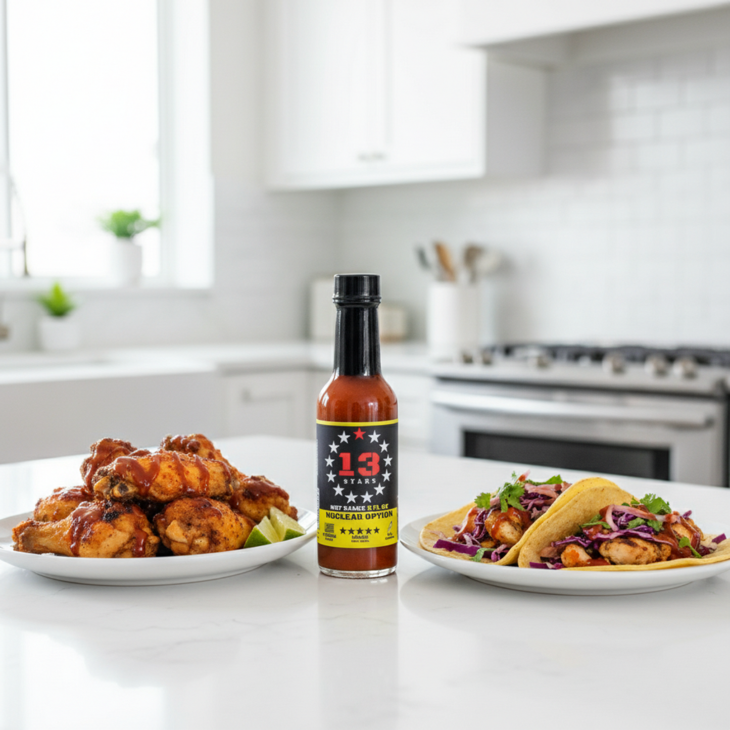 Nuclear Option Hot Sauce bottle on a white kitchen counter beside a plate of tacos and a plate of fried chicken wings drizzled with spicy hot sauce.