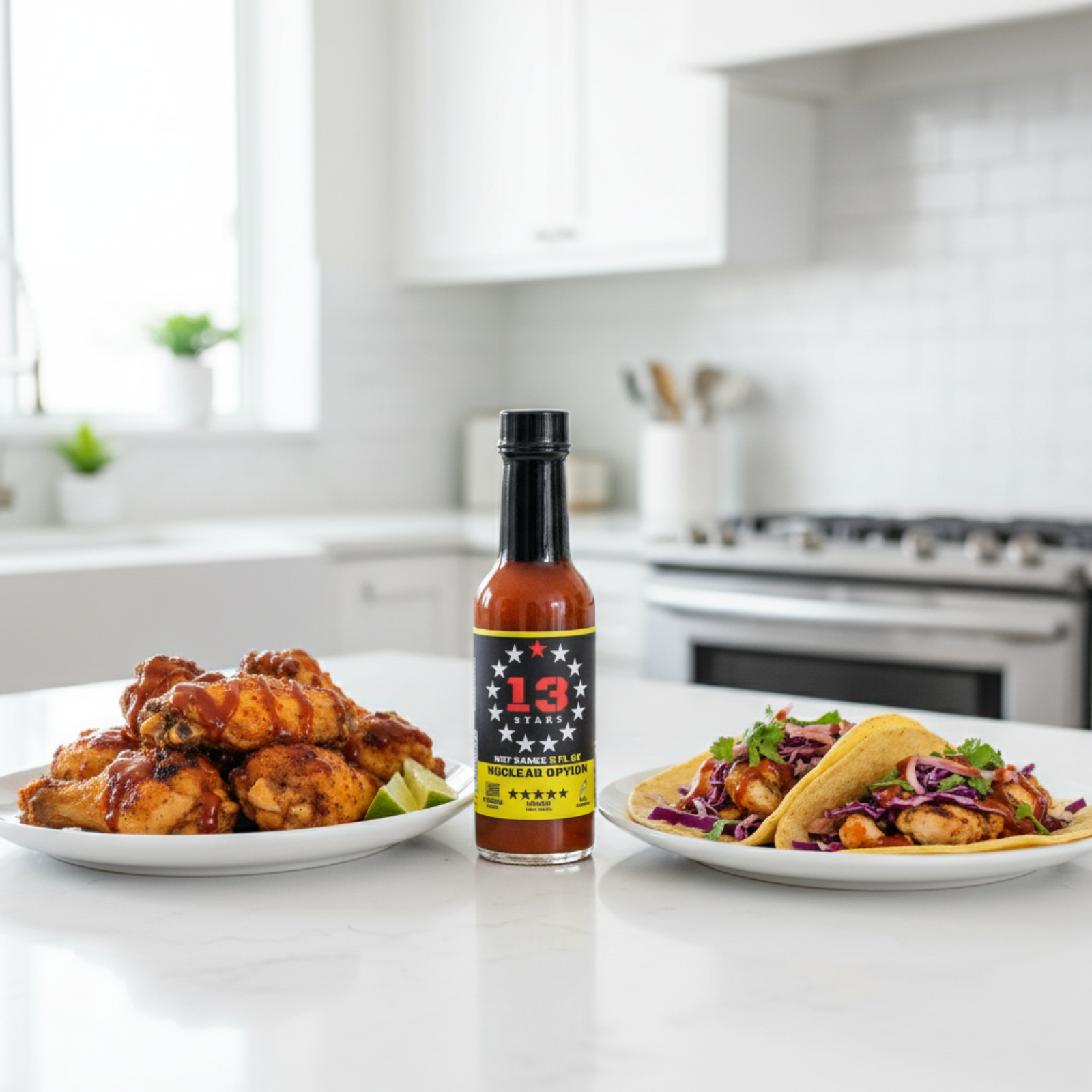 Nuclear Option Hot Sauce bottle on a white kitchen counter beside a plate of tacos and a plate of fried chicken wings drizzled with spicy hot sauce.