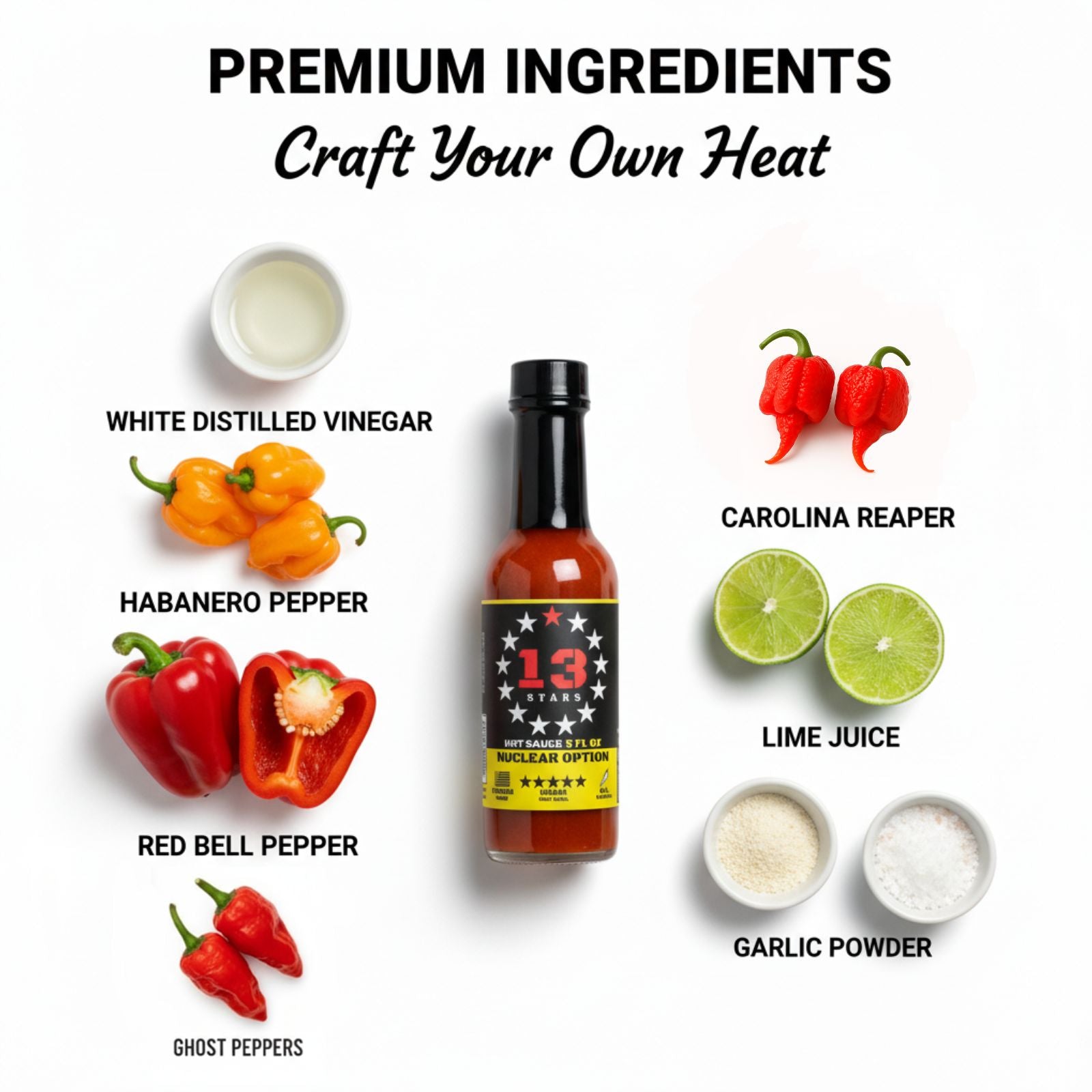 Nuclear Option Hot Sauce bottle surrounded by fresh premium ingredients like carolina reaper peppers, habanero peppers, red bell peppers, ghost peppers, lime juice, and spices used to make the sauce