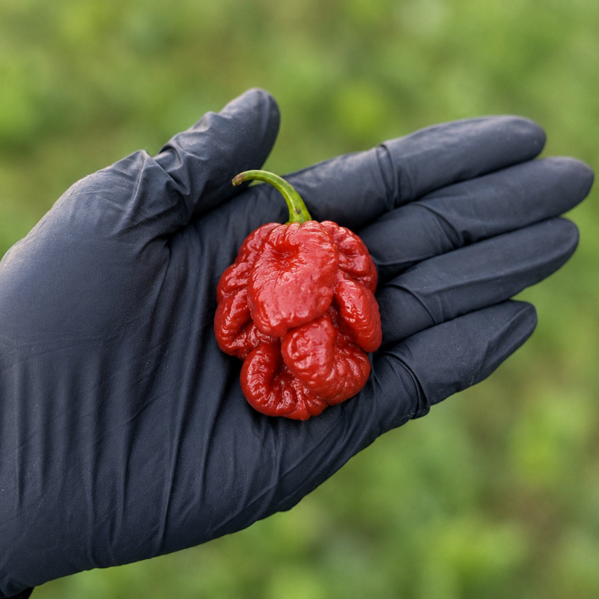 One C3PO pepper on a black-gloved hand used to display pepper seeds for sale