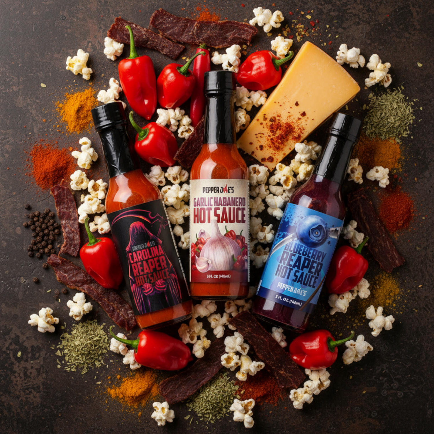 Overhead hero image pepper joes hot sauces and spices on slate table