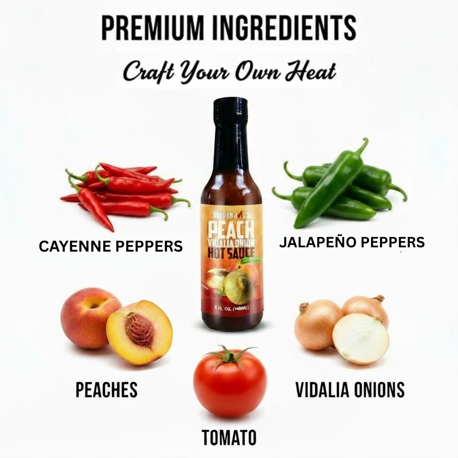 Peach Vidalia Onion Hot Sauce bottle surrounded by fresh premium ingredients like cayenne peppers, jalapeno peppers, peaches, tomato, and vidalia onions used to make the sauce.