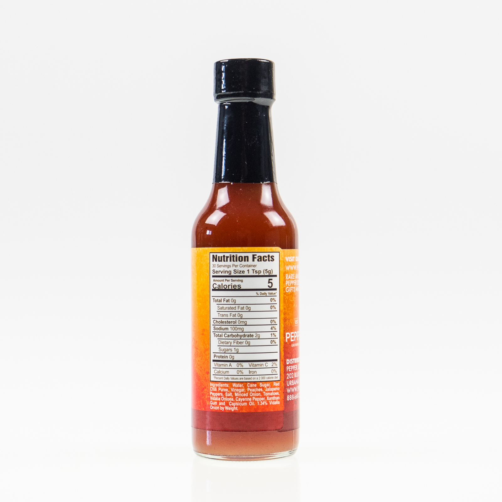 Back label of Peach Vidalia Onion Hot Sauce bottle showing ingredients and nutrition facts