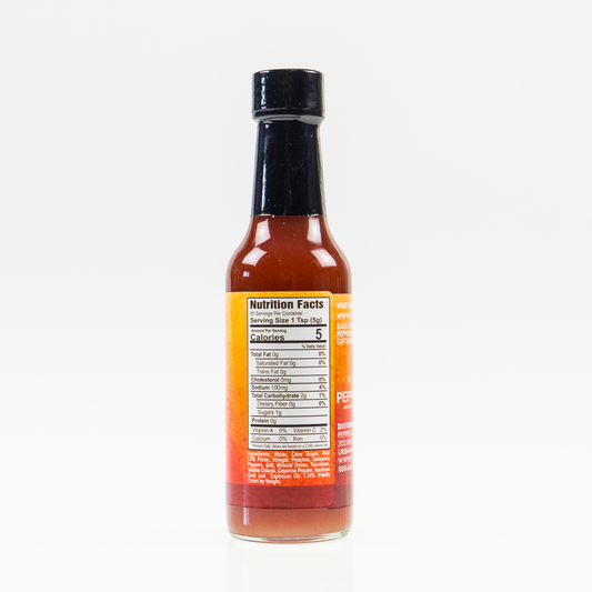 Back label of Peach Vidalia Onion Hot Sauce bottle showing ingredients and nutrition facts