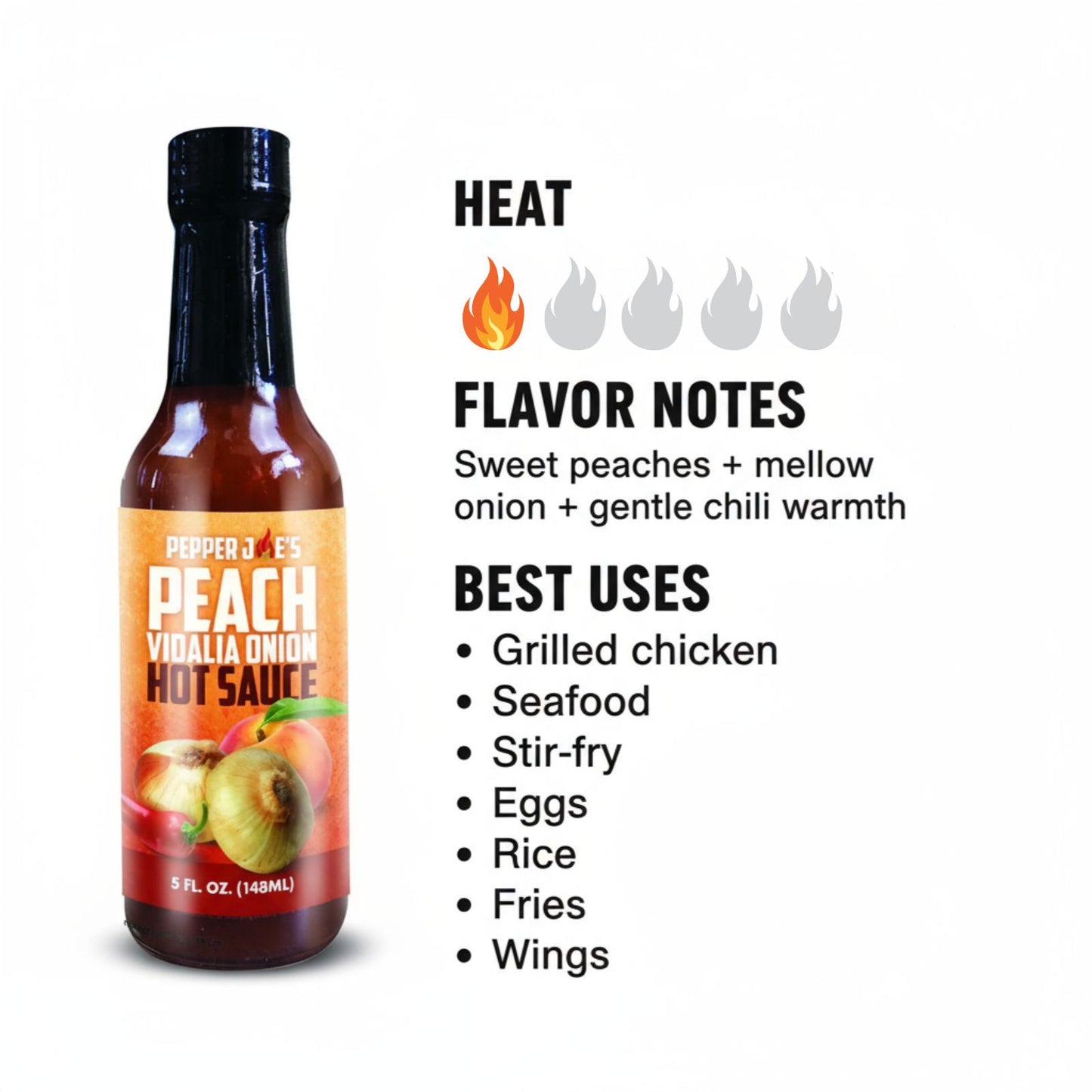 Peach Vidalia Onion Hot Sauce heat and flavor infographic showing heat level 1 of 5 with sweet peaches, mellow onion, and gentle chili warmth flavor notes, suggesting best uses on grilled chicken, seafood, stir-fry, eggs, rice, fries, and wings.