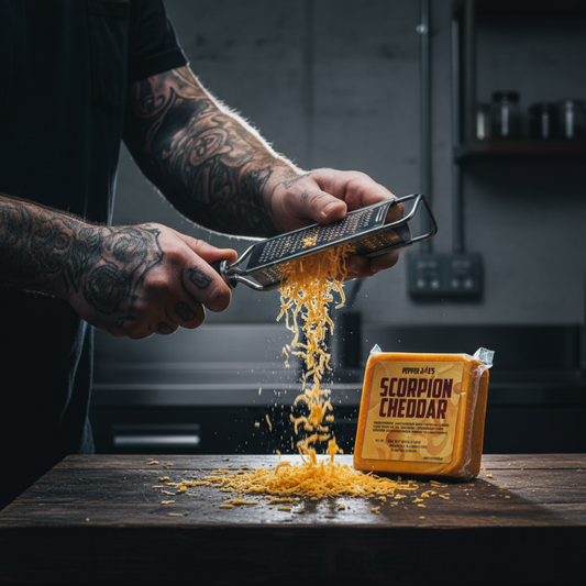 grating pepper joes scorpion cheddar cheese with backlighting