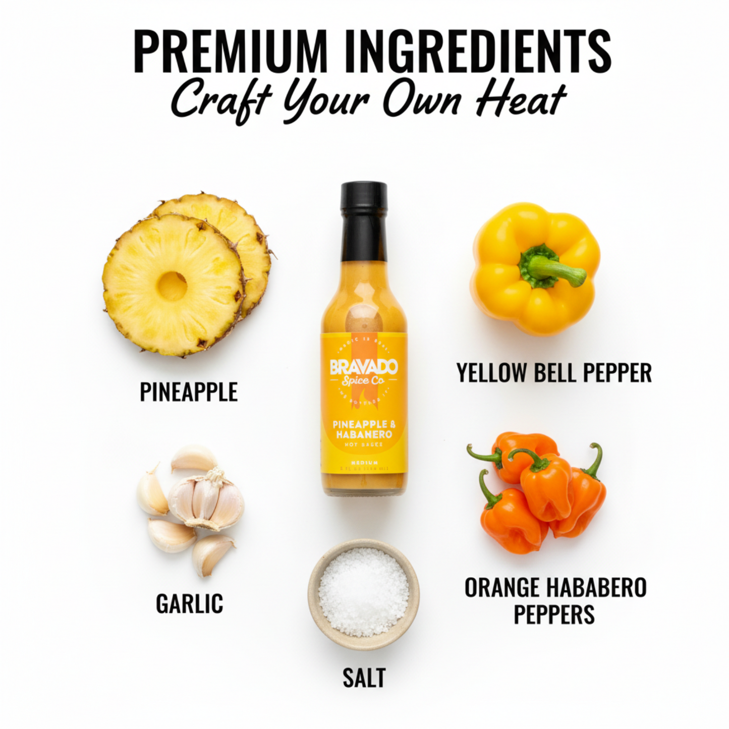 Pineapple & Habanero Hot Sauce bottle surrounded by fresh premium ingredients like pineapple, yellow bell pepper, orange habanero peppers and spices used to make the sauce.