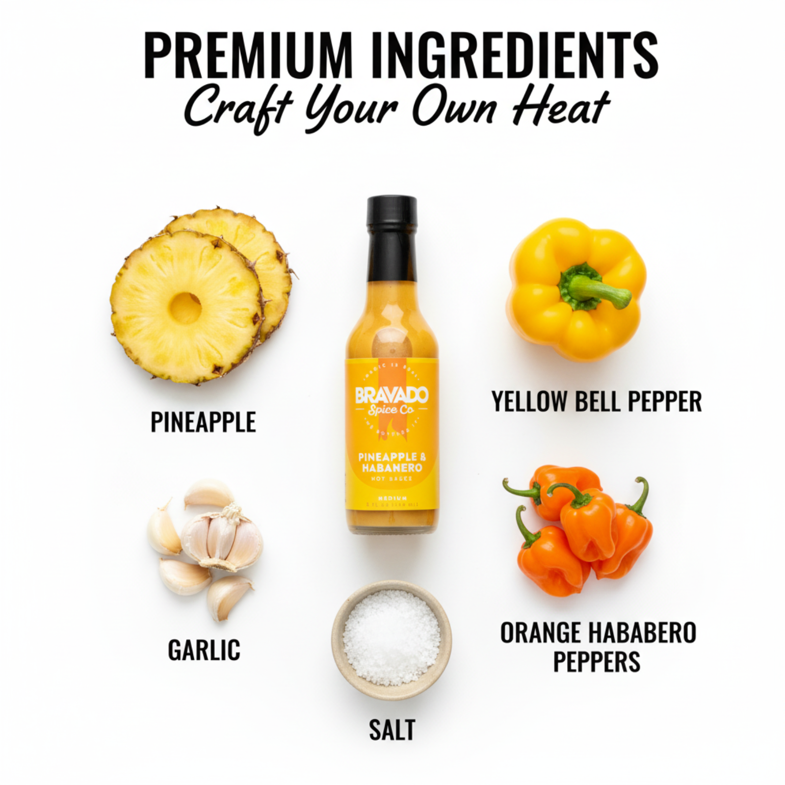 Pineapple & Habanero Hot Sauce bottle surrounded by fresh premium ingredients like pineapple, yellow bell pepper, orange habanero peppers and spices used to make the sauce.