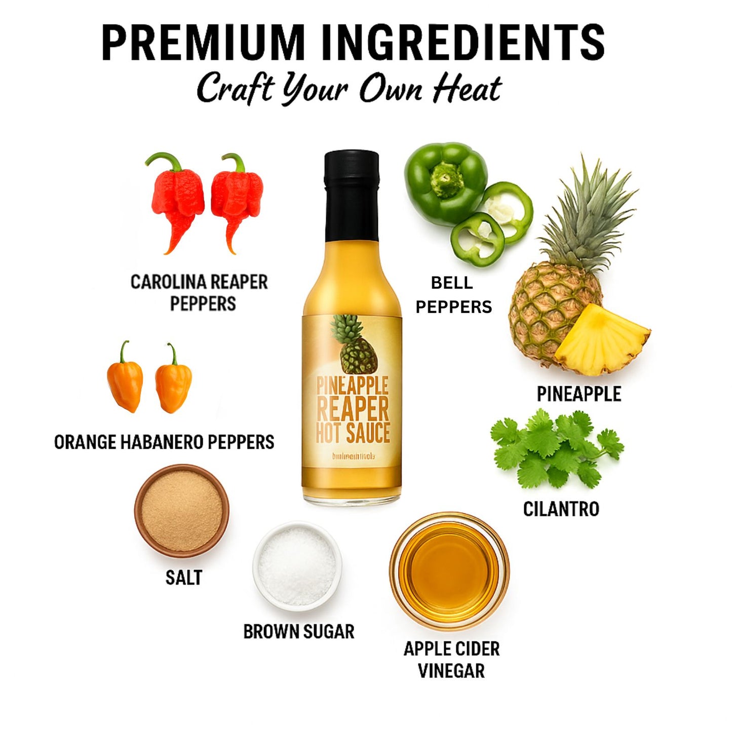 Pineapple Carolina Reaper Hot Sauce bottle surrounded by fresh premium ingredients like pineapple, Carolina Reaper peppers, Orange Habanero peppers, bell peppers, vinegar, and spices used to make the sauce.