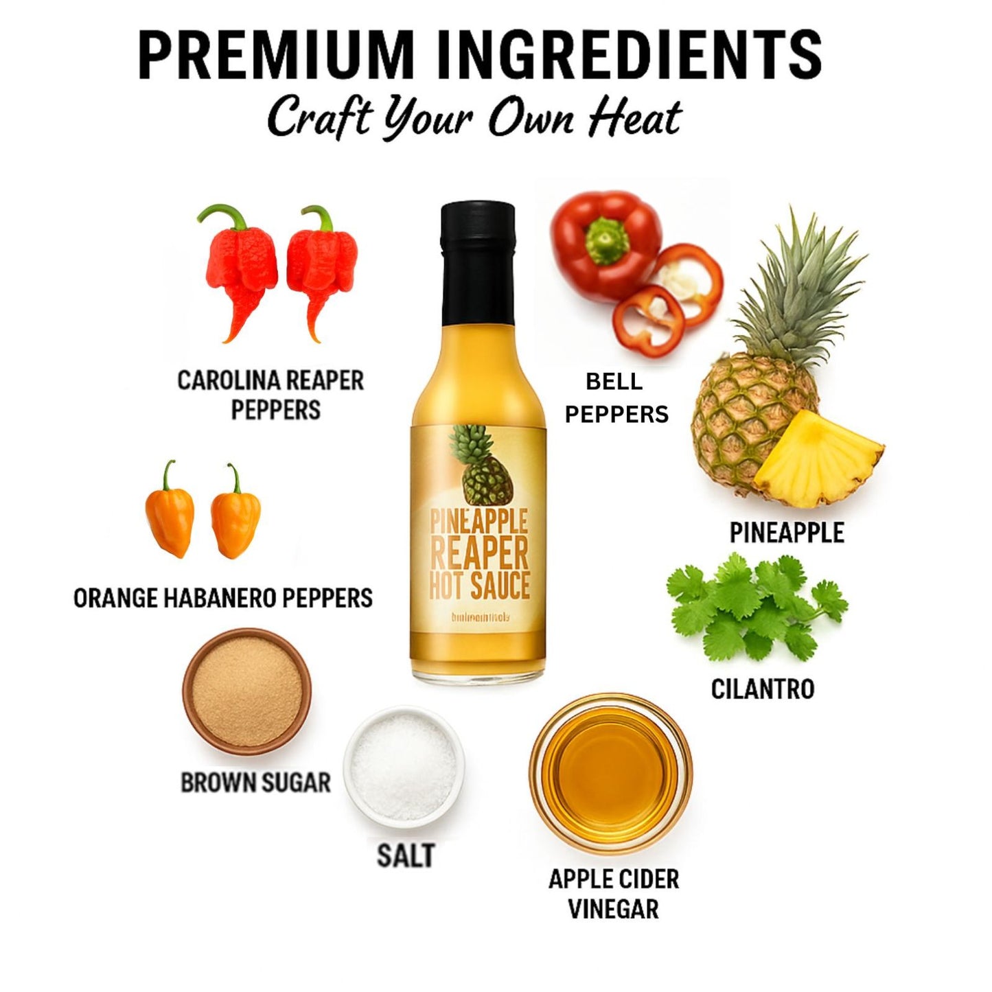 Pineapple Carolina Reaper Hot Sauce bottle surrounded by fresh premium ingredients like pineapple, Carolina Reaper peppers, Orange Habanero peppers, bell peppers, vinegar, and spices used to make the sauce.