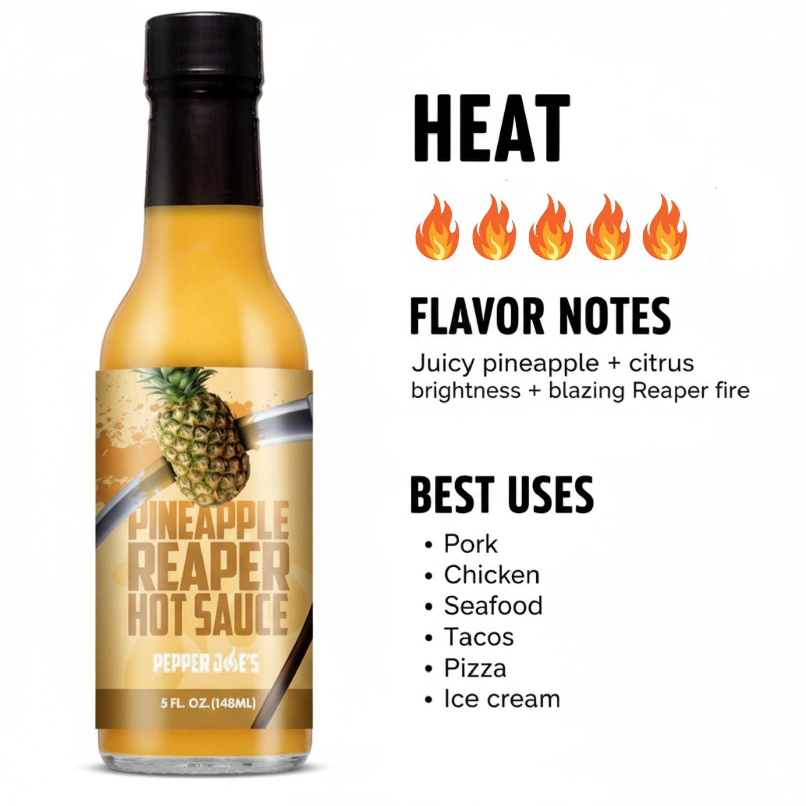 Pineapple Reaper Hot Sauce Heat  and flavor infographic showing heat level 5 of 5 with juicy pineapple, citrus brightness, and blazing reaper fire flavor notes, suggesting best uses on pork, chicken, seafood, tacos, pizza, and ice cream.