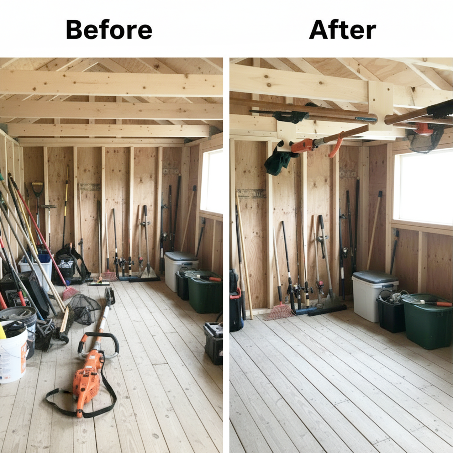 Before and after comparison showing a pole saw laying on the floor inside an unfinished shed surrounded by plastic totes versus the after image showing the pole saw hanging on the stud-mounted pole saw organization rack.